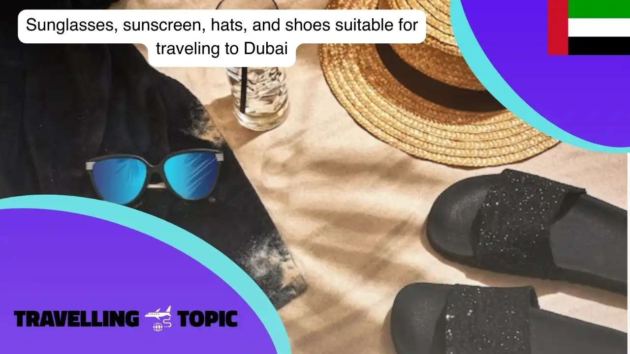 Sunglasses, sunscreen, hats, and shoes suitable for traveling to Dubai