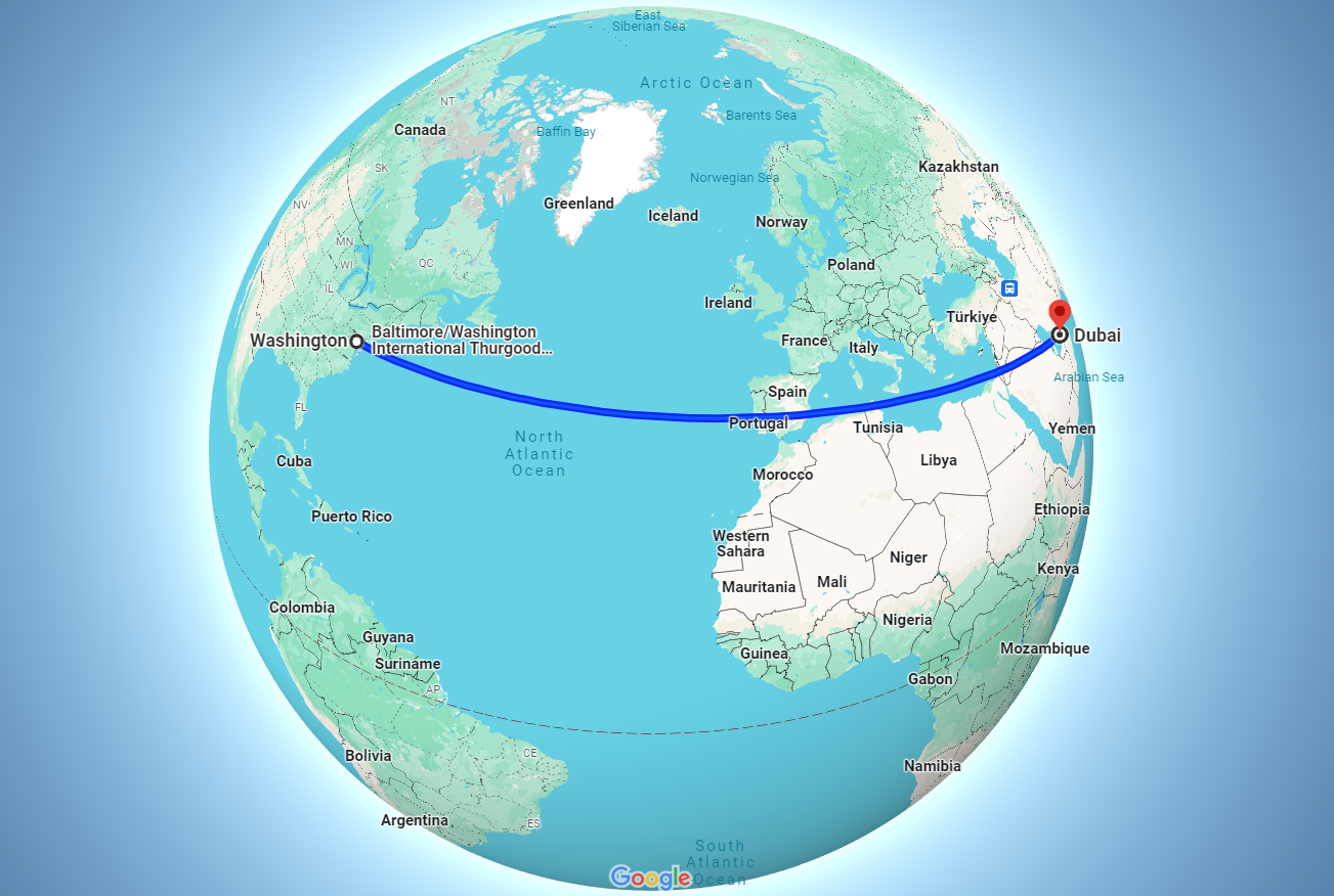 The distance between Washington DC to Dubai