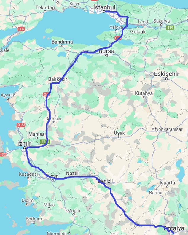 The longest route between Antalya and Istanbul